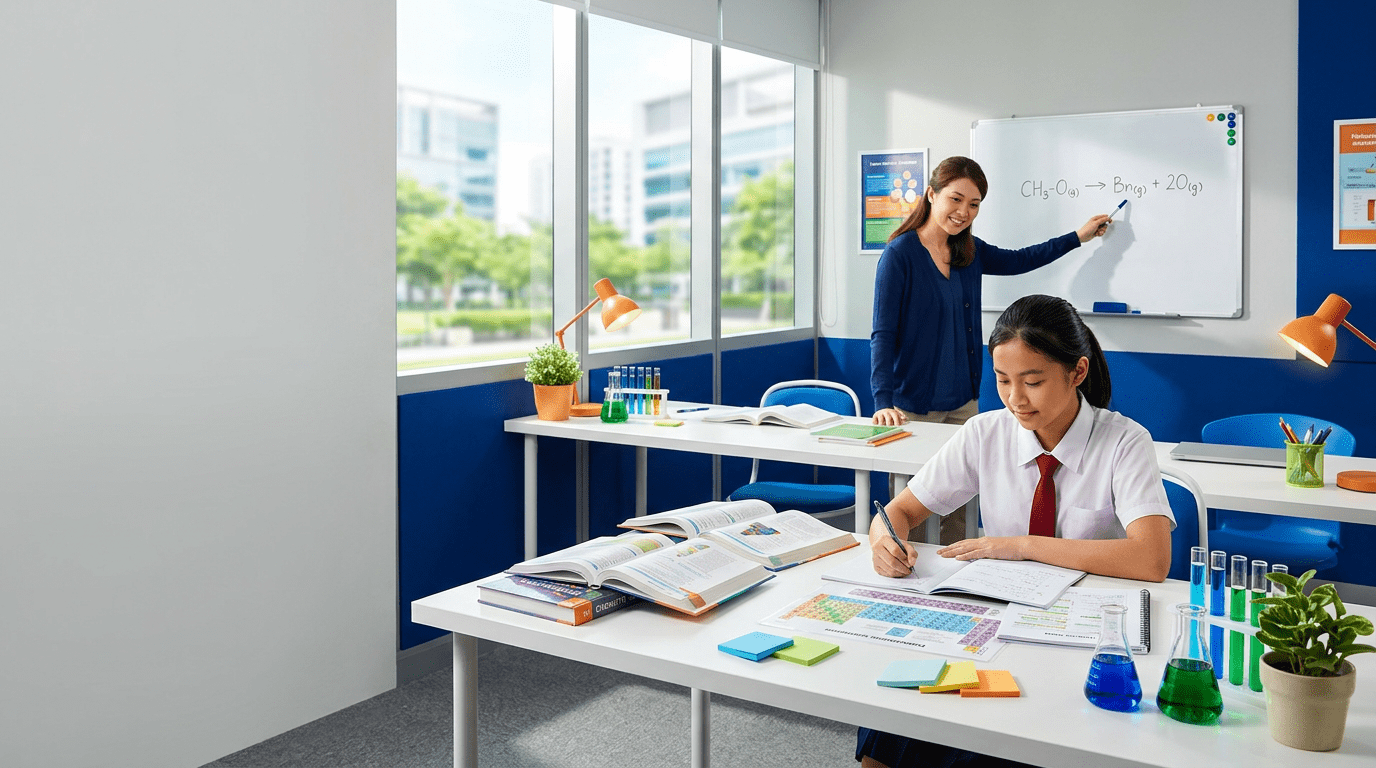Teen student in Singapore classroom studying chemistry, teacher assisting, urban skyline view.