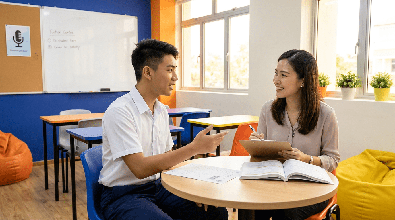 Teen student in uniform practices speech with teacher in a bright tuition center.