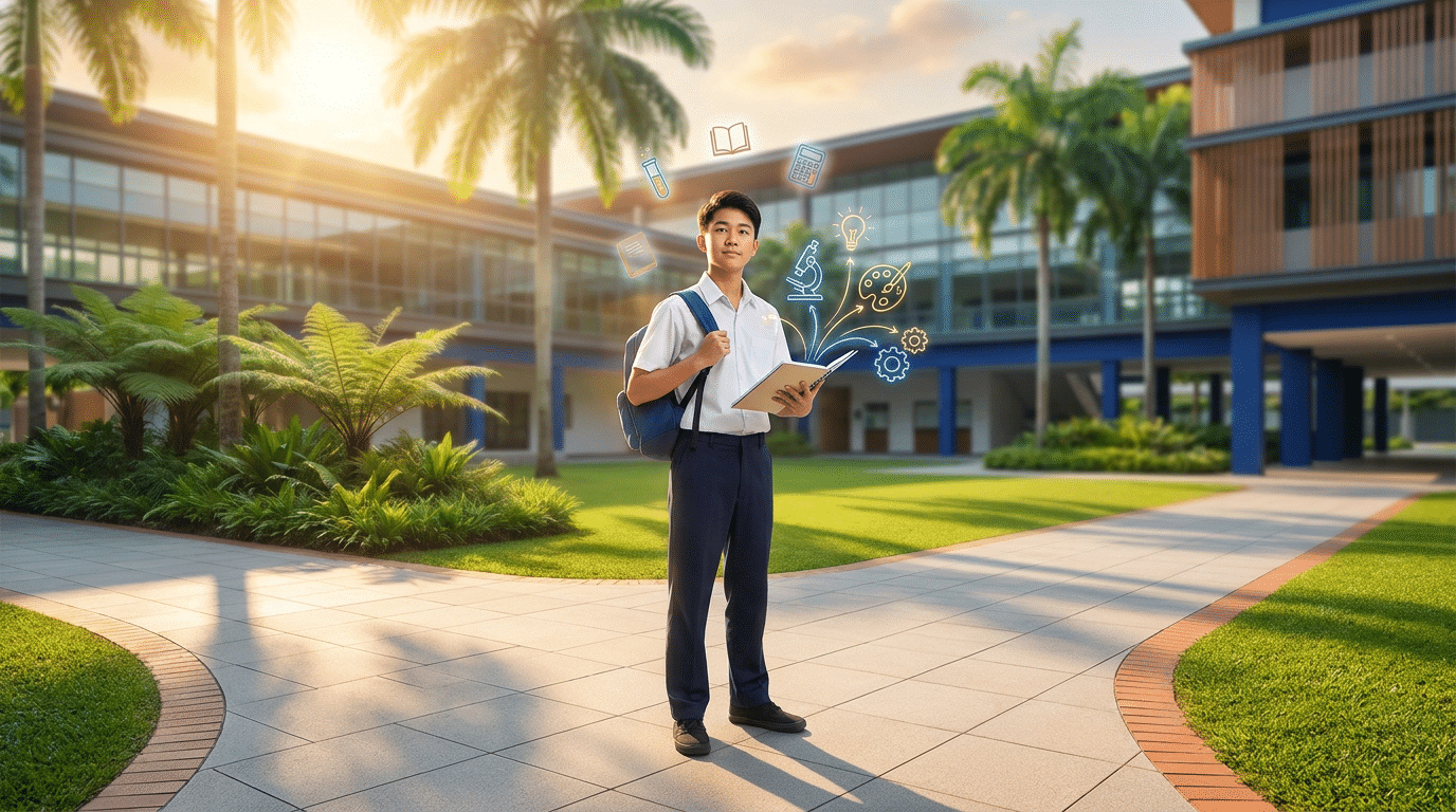 Teen student in white uniform at Singapore campus crossroads, with decision tree icons floating.