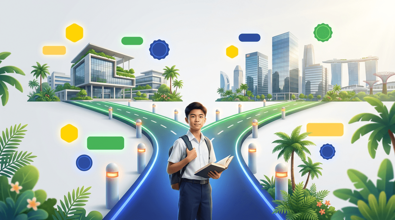 Teen student on glowing path with forked routes to polytechnic and office towers in Singapore skyline.