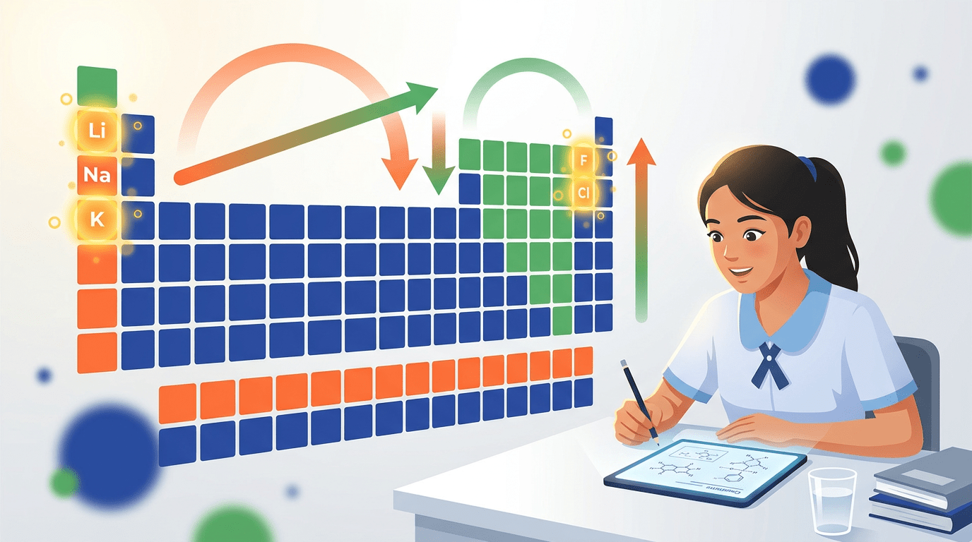 Teen studying at desk with glowing periodic table, colorful elements, and trend arrows.