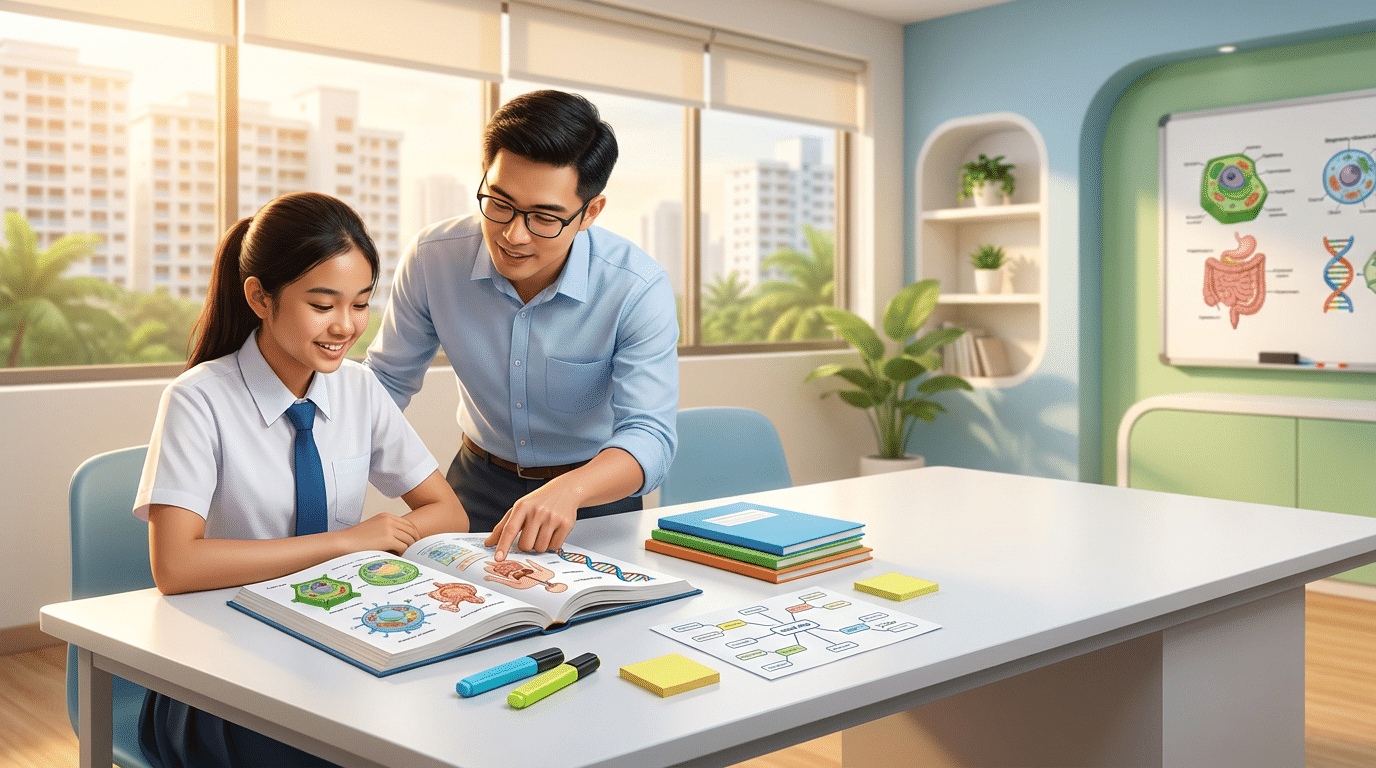 Teen studying biology with tutor in modern Singapore classroom, warm lighting, urban skyline.