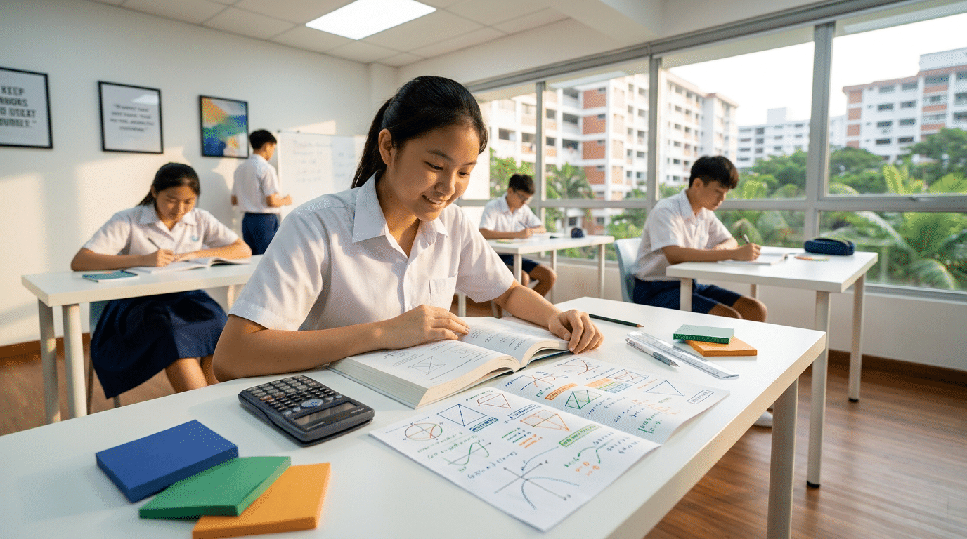 Teen studying math in bright Singapore classroom with colorful notes, calculator, and tropical view.