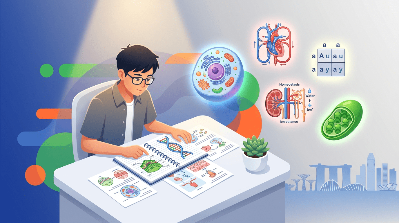 Teenage Asian student at a desk with biology notes, surrounded by glowing biology icons in a modern study scene.