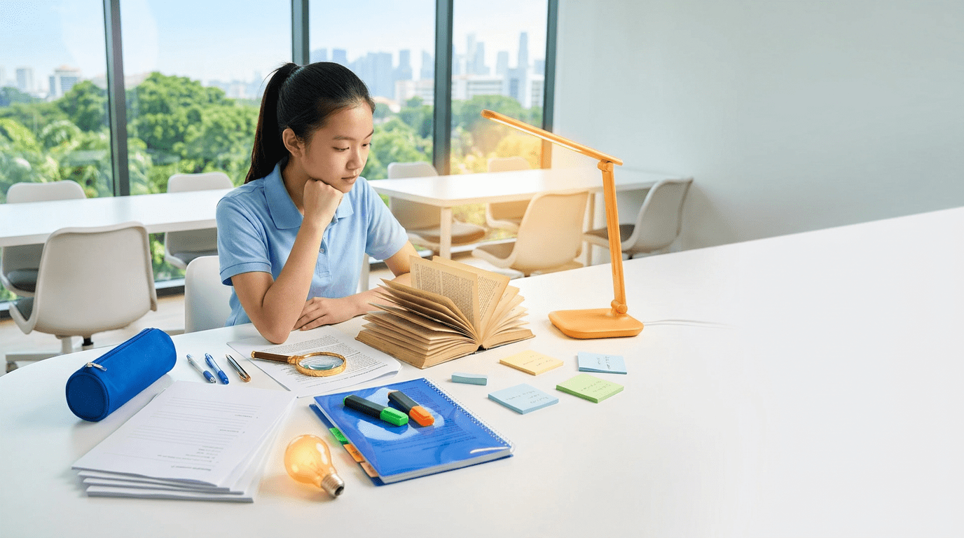 Teenage student studying English literature in modern Singapore tuition center.
