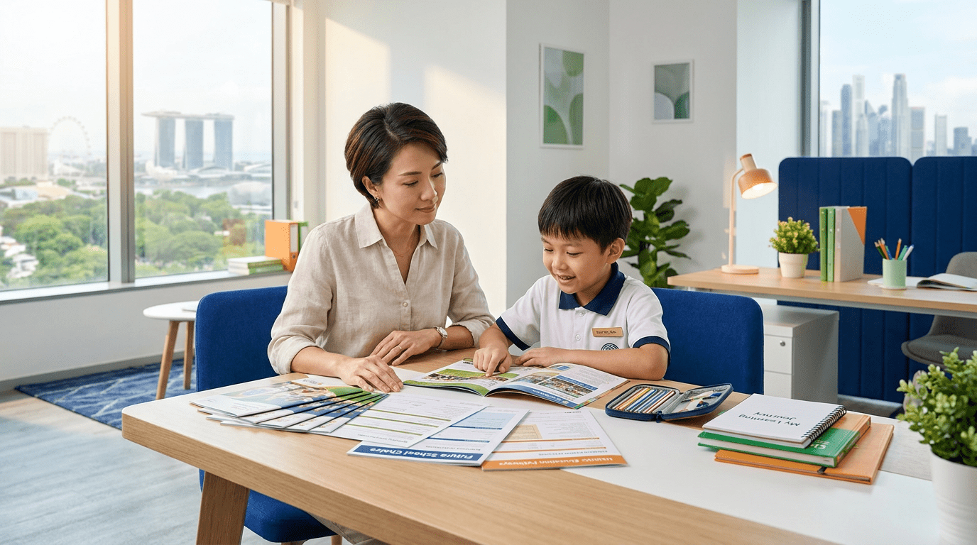 Thoughtful Asian mother and child reviewing school brochures at a modern study table in Singapore.