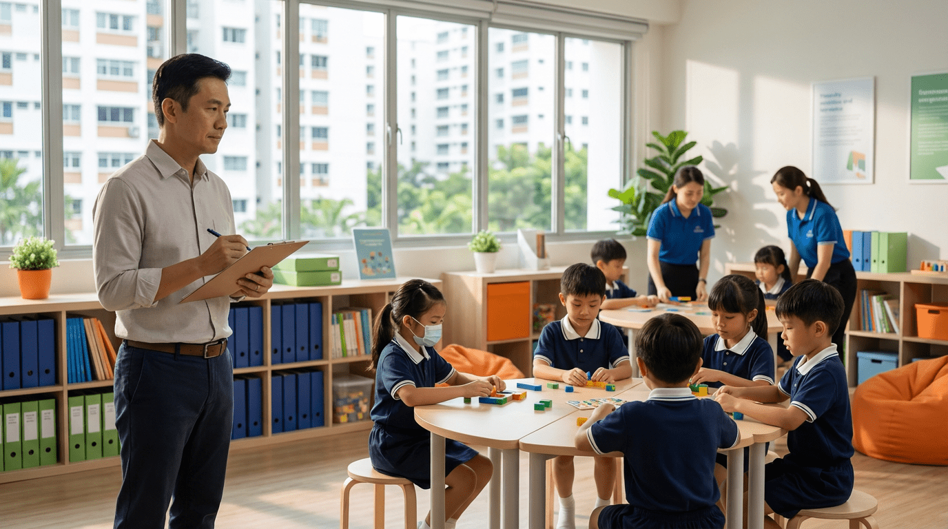 Thoughtful parent observes Singaporean student care center, children learning, warm lighting.