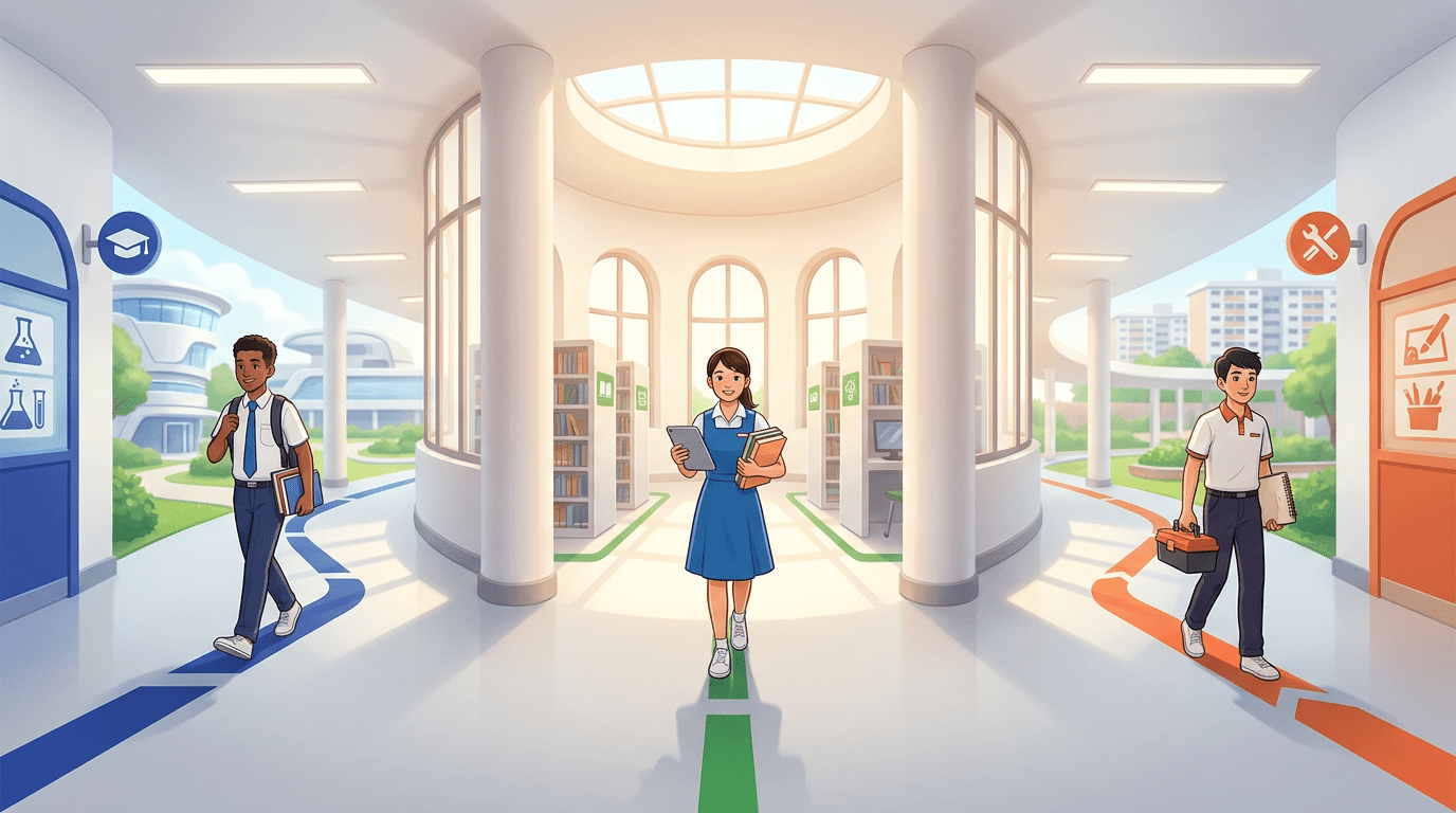 Three Singaporean students in uniforms choose academic paths in a modern school setting.