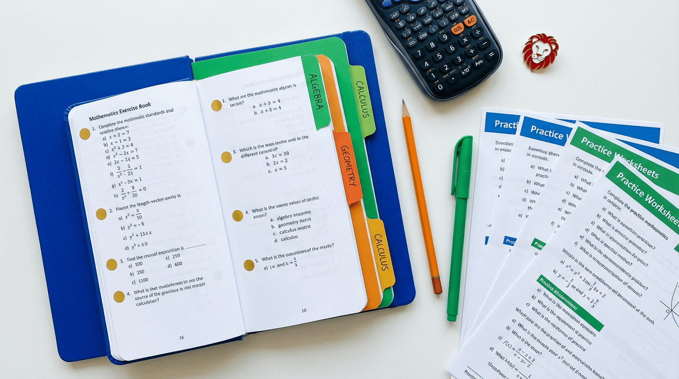 Top-down view of a study desk with math book, calculator, pencil, worksheets, and Singapore badge. Organized, vibrant study scene.