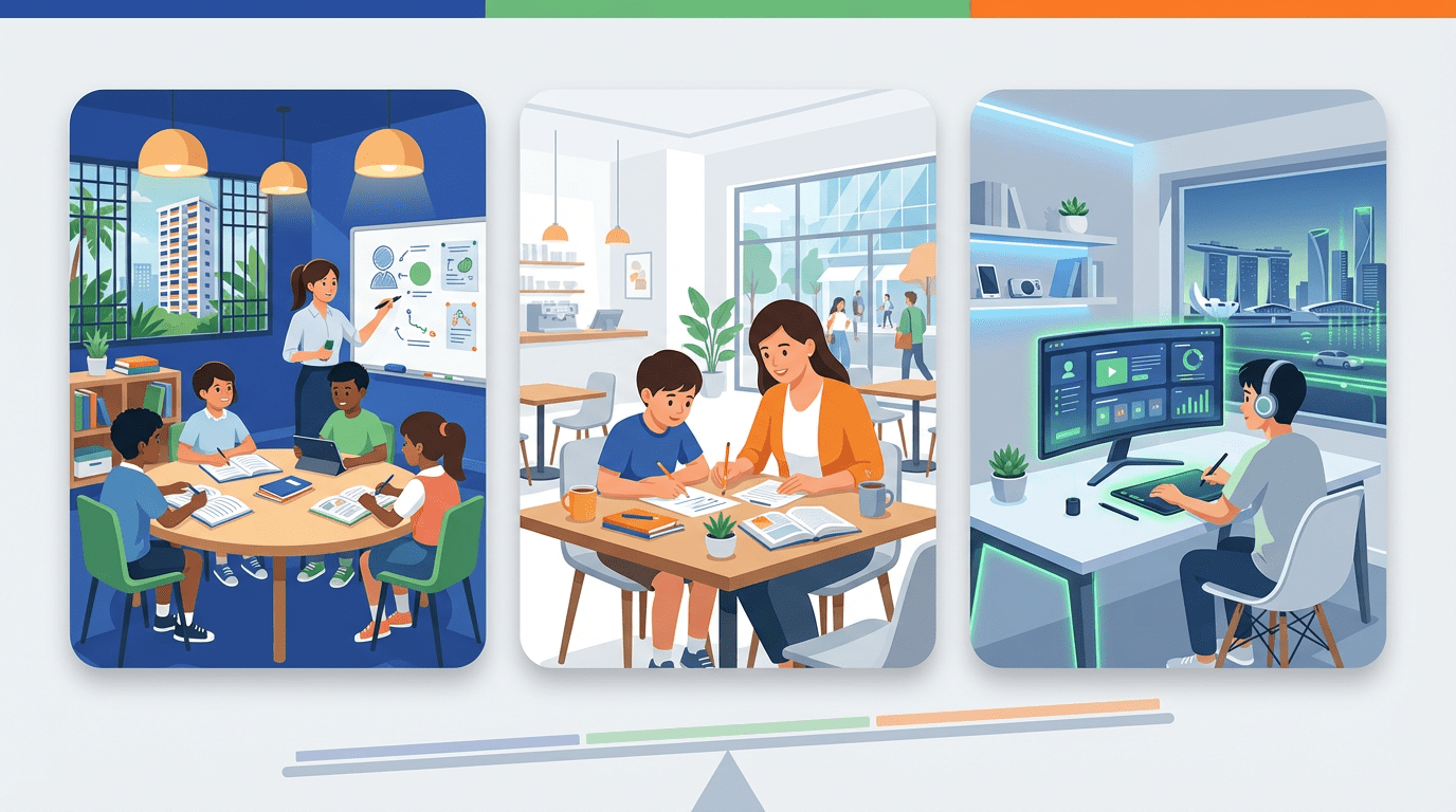 Triptych of Singapore education: cozy tuition, home tutoring, online learning.