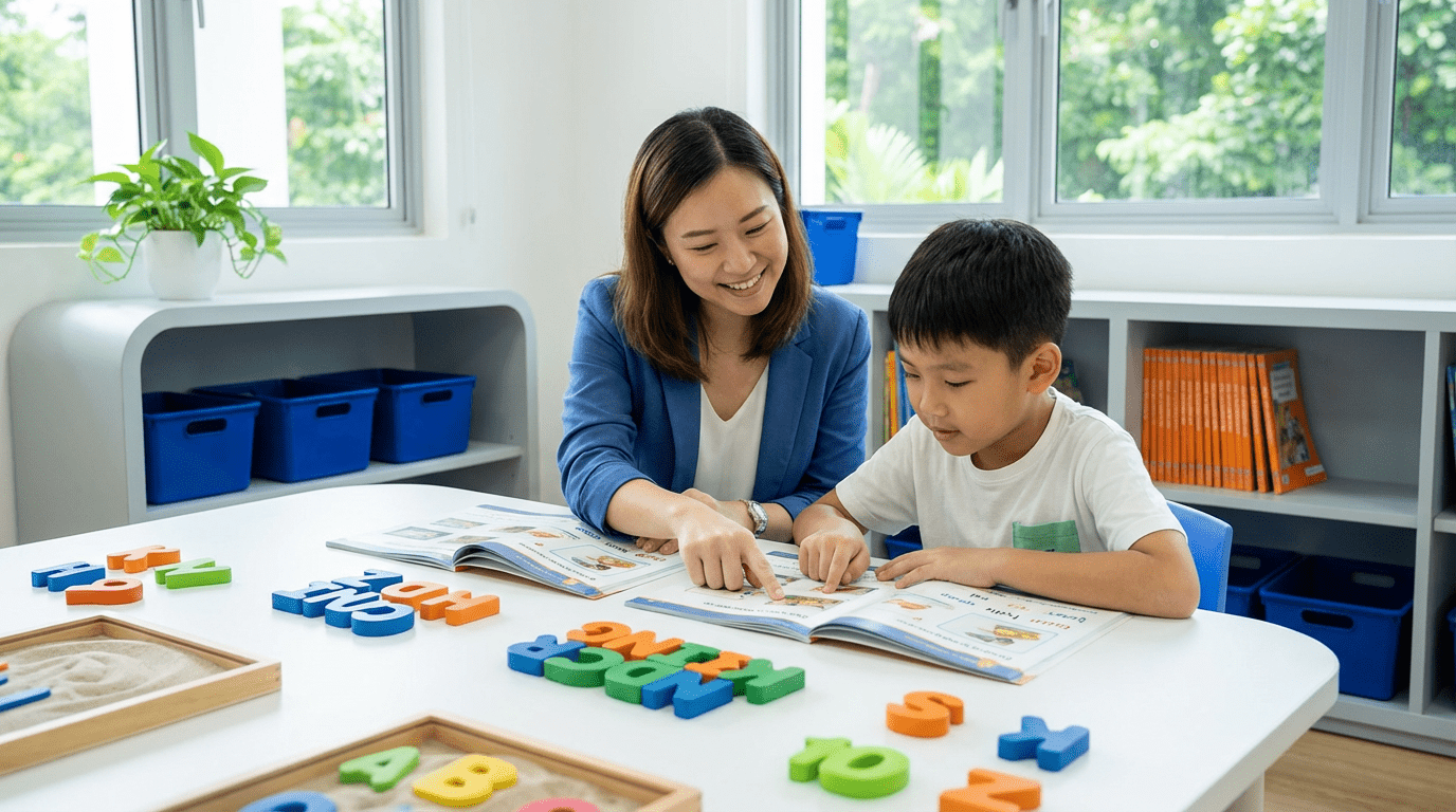 Tutor supports dyslexic student with colorful tools in a bright, modern classroom.