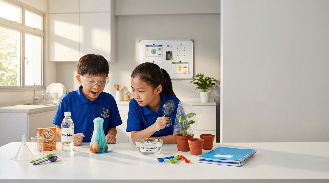 Two Asian children conducting science experiments in a bright Singaporean kitchen.