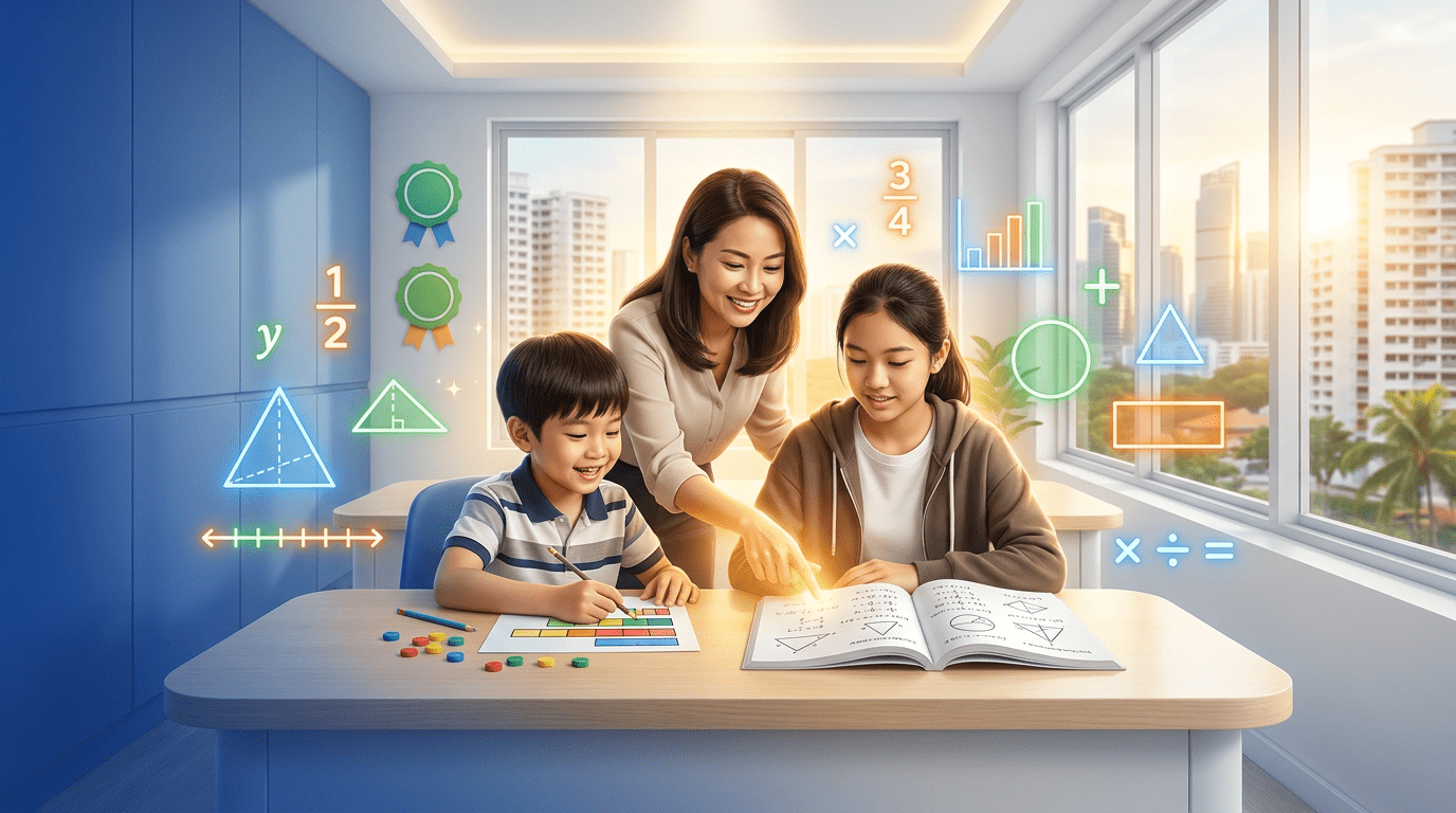 Two Asian students in a modern Singapore classroom engaged in math with a supportive teacher nearby.