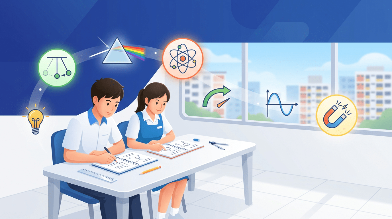 Two East Asian students in a Singapore classroom studying physics with floating concept icons.