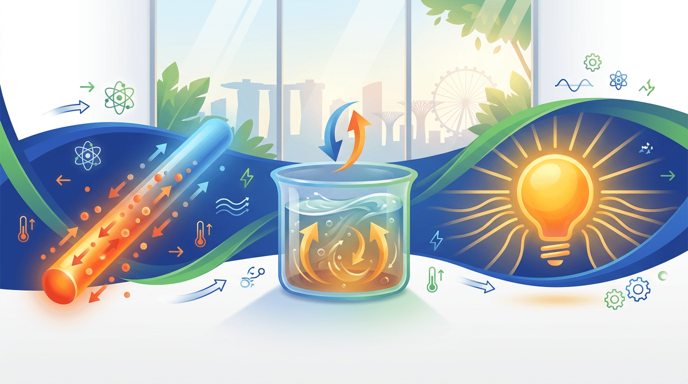 Vibrant blog banner with physics concepts: conduction, convection, radiation in a modern classroom.