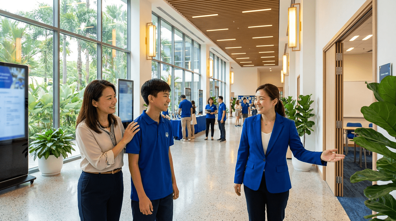 Warm family moment in a modern Singapore school during open house, vibrant and welcoming.