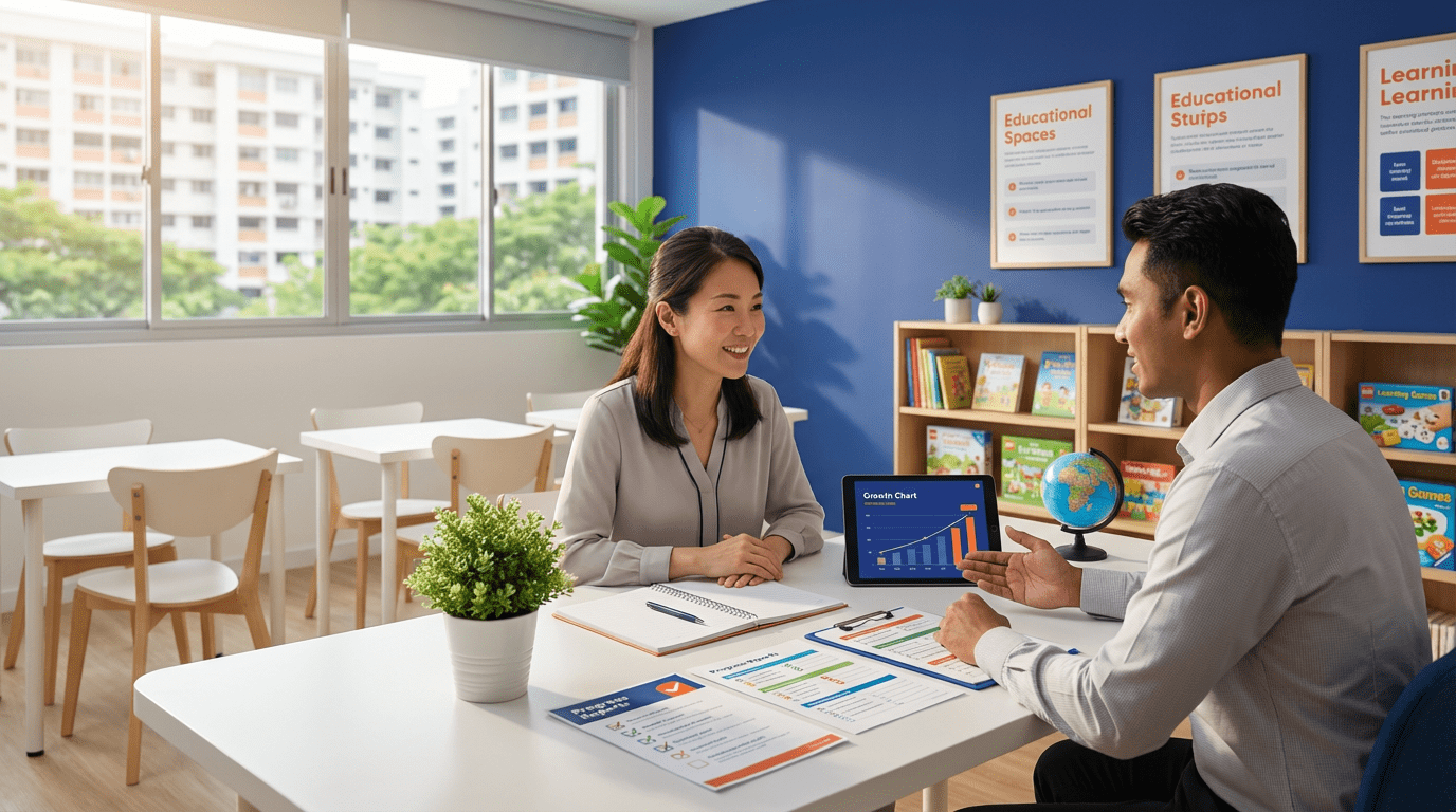 Warm parent-teacher meeting in modern Singapore tuition center with charts, notebooks, and bright natural light.
