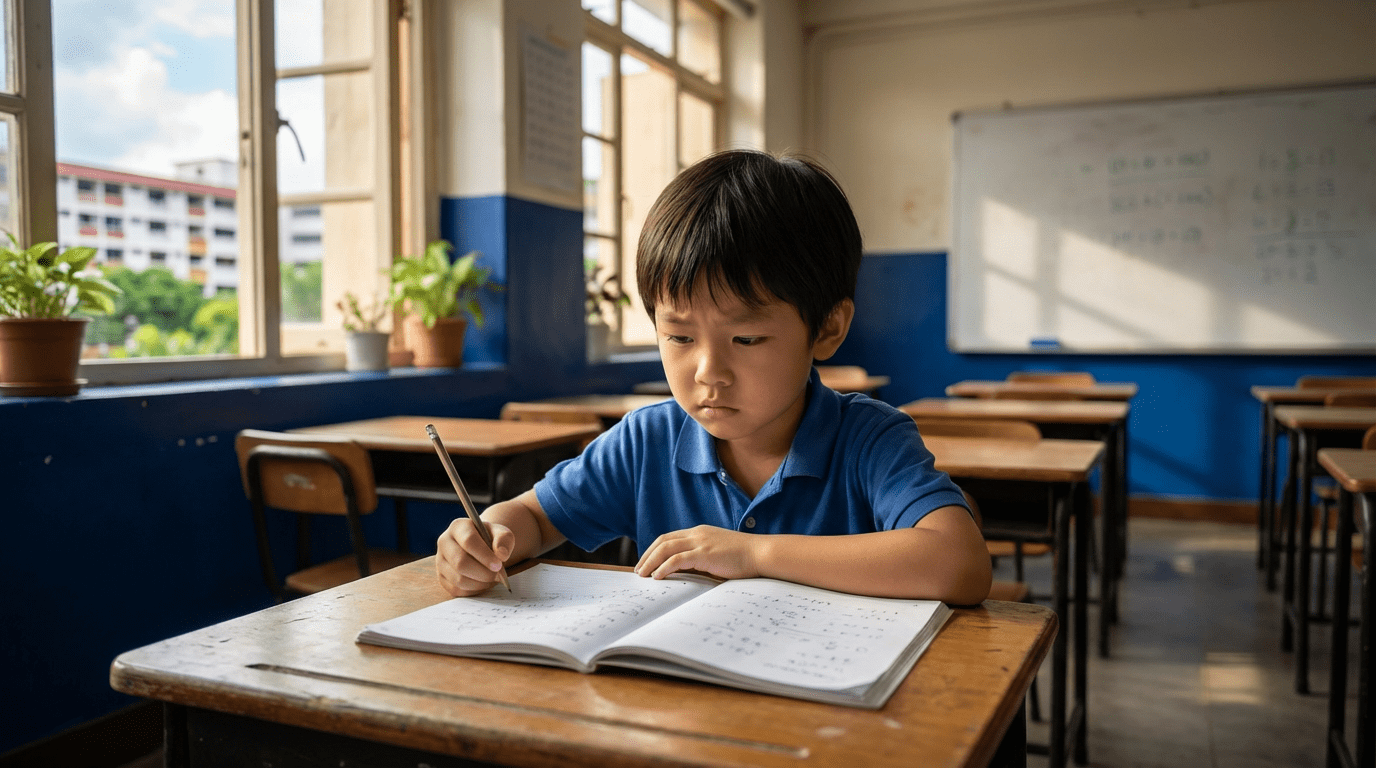 Young Asian child at wooden desk in warmly lit classroom, looking worried at exercise book, empty desks behind.