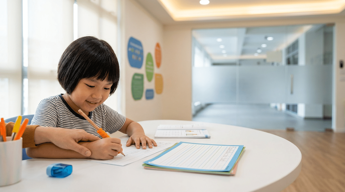 Young Asian child practicing handwriting in a modern Singapore classroom with adult guidance.