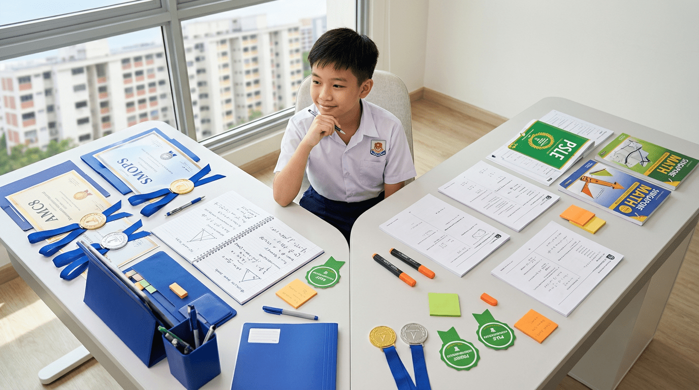 Young Asian student at desk with Math Olympiad materials and PSLE textbooks, bright daylight, Singapore HDB view.