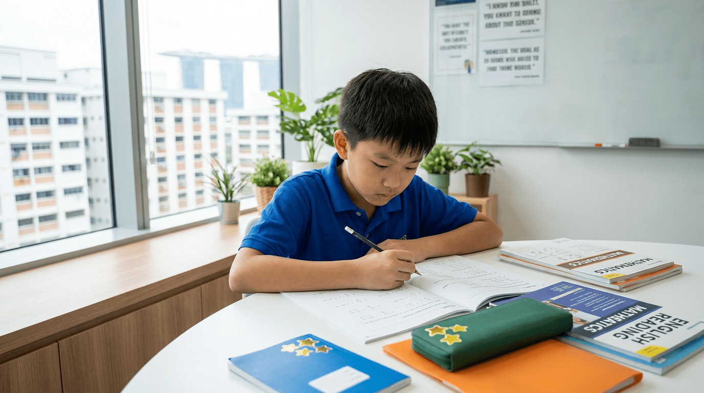 Young Asian student focused on exam at a modern Singapore classroom desk with iconic skyline view.