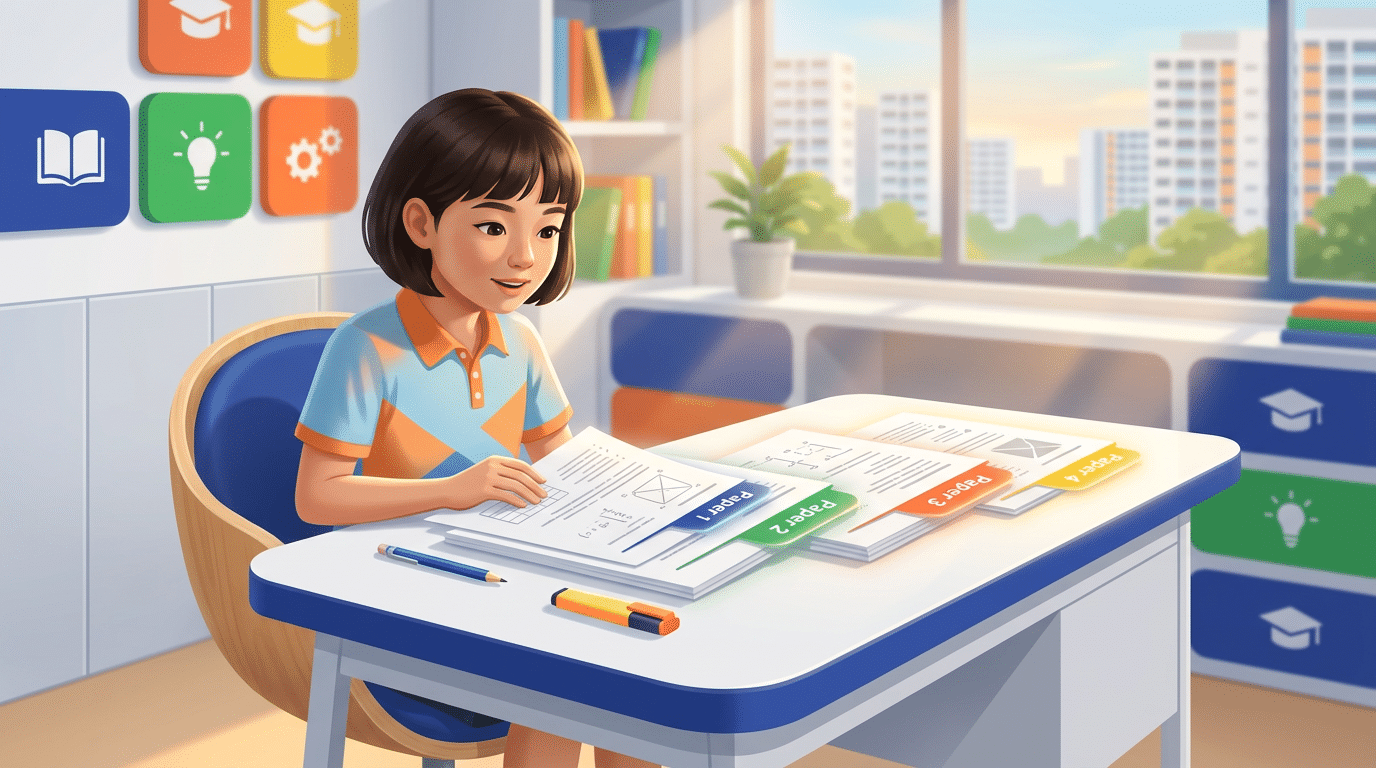 Young Asian student studying exam papers at a bright, modern desk with Singapore skyline backdrop.