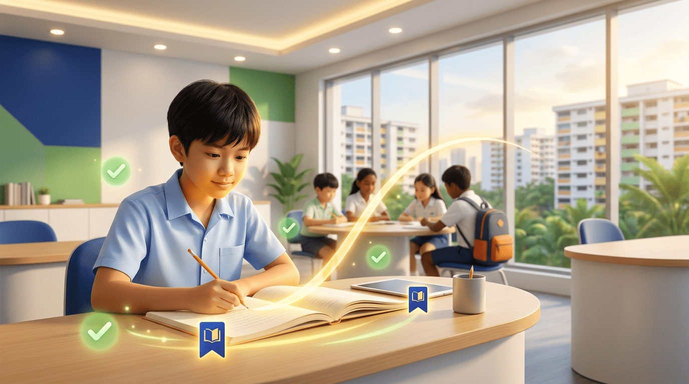 Young Southeast Asian student writing at a desk in a Singapore tuition classroom, surrounded by narrative structure metaphors, with a soft-focus HDB skyline in the background.