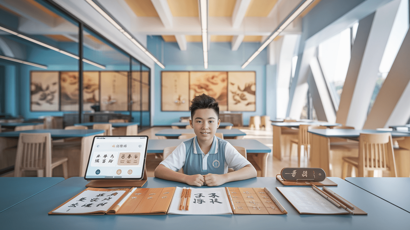 Young student in Singapore classroom with Chinese and English materials.