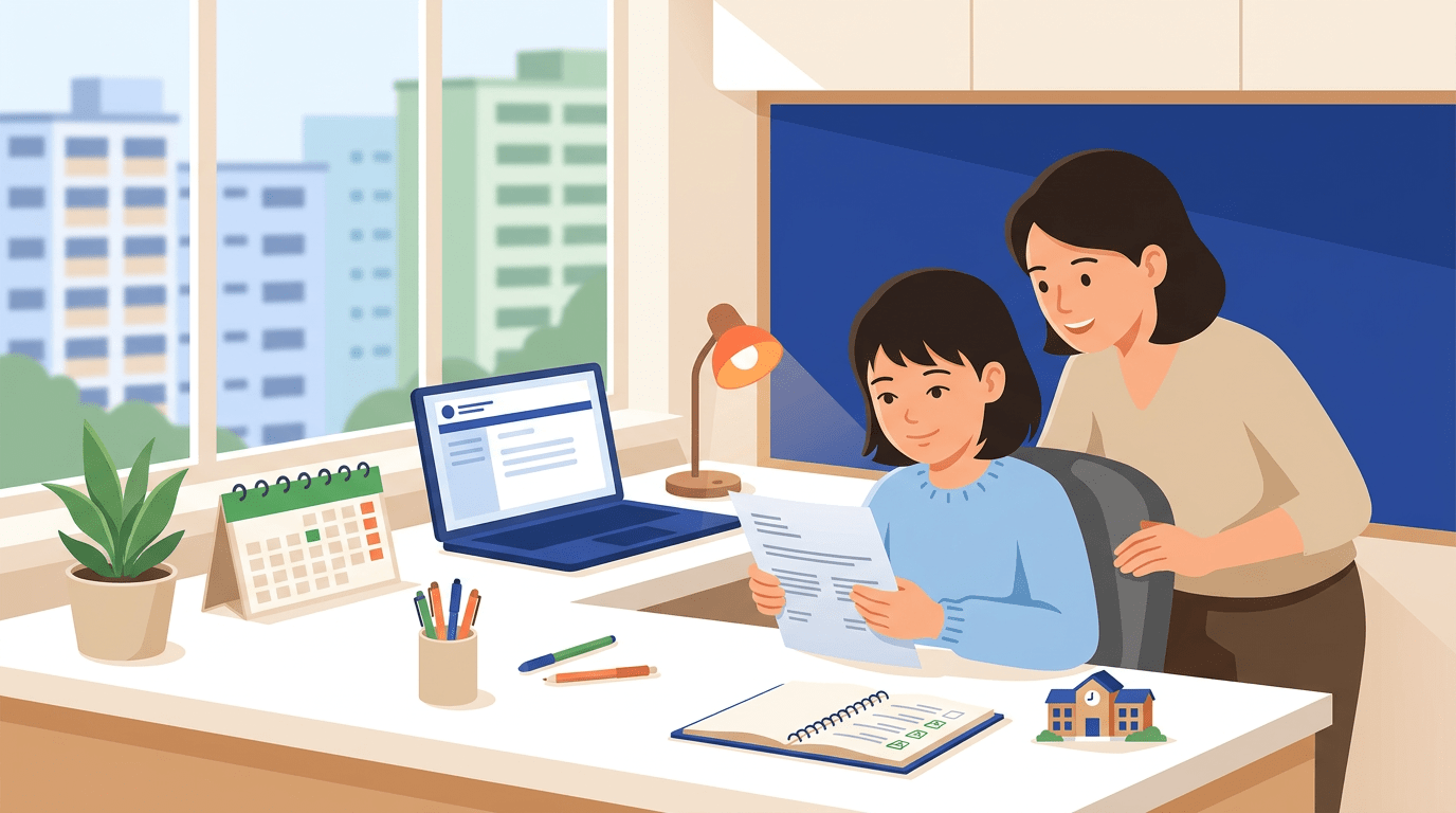 Young student reviews results at desk with supportive adult in sunny Singapore home.