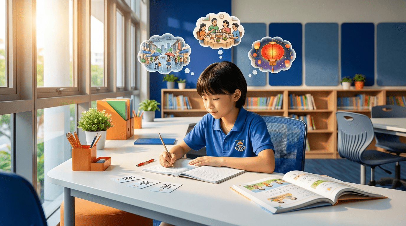 Young student writing at a desk in a bright Singapore classroom, surrounded by study materials.